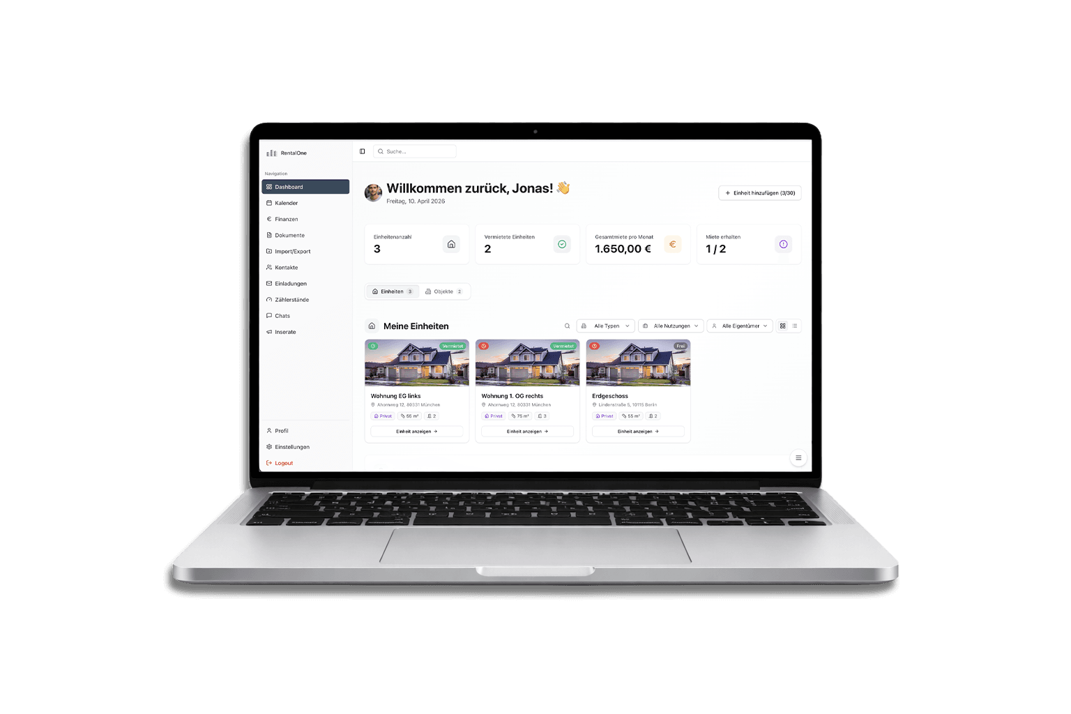 RentalOne Vermieter Software – Dashboard-Übersicht auf dem Laptop